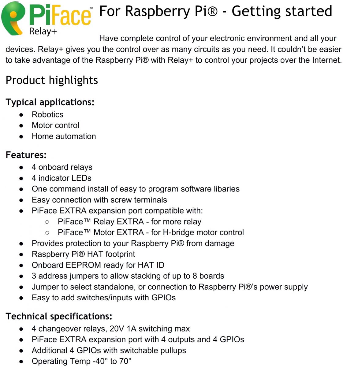 כרטיסי הרחבה PIFACE RELAY+ RASPBERRY PI